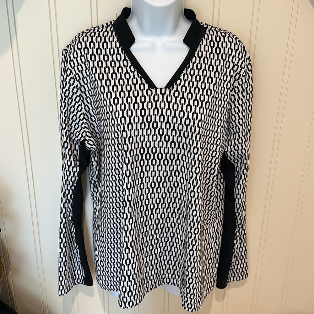Black and White Patterned Long Sleeve Collared Top XL